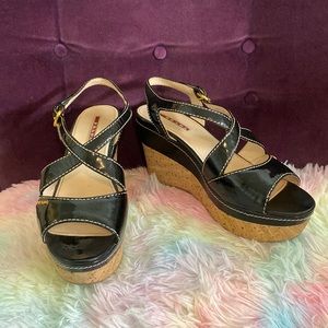 Prada Black Patent Leather Criss Cross Wedge Sand… - image 1